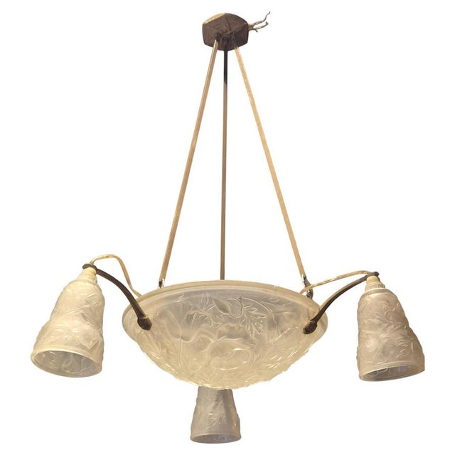 Brown Art Nouveau Chandelier with Glass Shades and Decor of Poppies, France, 1920s For Sale - Image 8 of 8