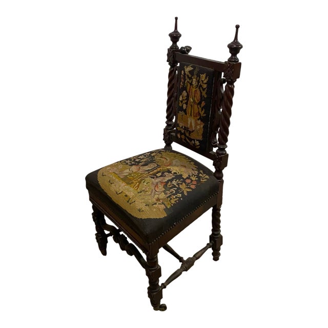 Share Antique Jacobean Revival Carved With Tapestry Upholstery Side Chair For Sale