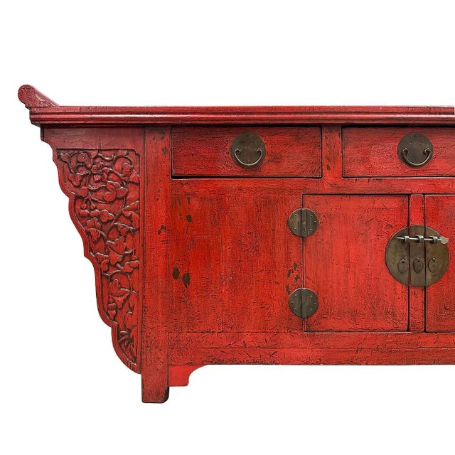Early 20th Century Chinese Red Lacquered Altar Cabinet, Buffet Table, Sideboard For Sale - Image 4 of 12