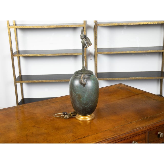 Midcentury English Verdigris Bronze Two-Light Table Lamp with Horse Heads For Sale - Image 4 of 10