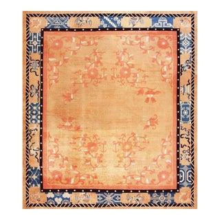 1890s Antique Warm Solid Open Field Bird Chinese Peking Knotted Room Size Rug For Sale