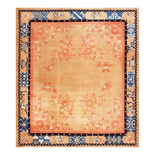 1890s Antique Warm Solid Open Field Bird Chinese Peking Knotted Room Size Rug For Sale