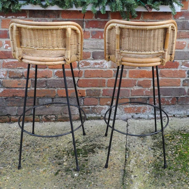 Vintage Cast Iron and Rattan Bar Stools, 1960s, Set of 2 For Sale - Image 3 of 9
