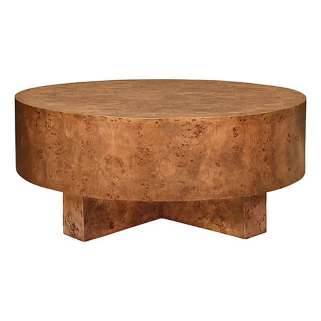 Matthew Izzo Home Oslo Dark Burlwood, Low, Round Coffee Table With Cross Base For Sale
