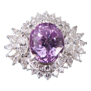 Late 20th Century 5.26ct Purple Sapphire Gia Heated Ceylon 1.43ct Diamond Platinum Ring, Size 7 For Sale