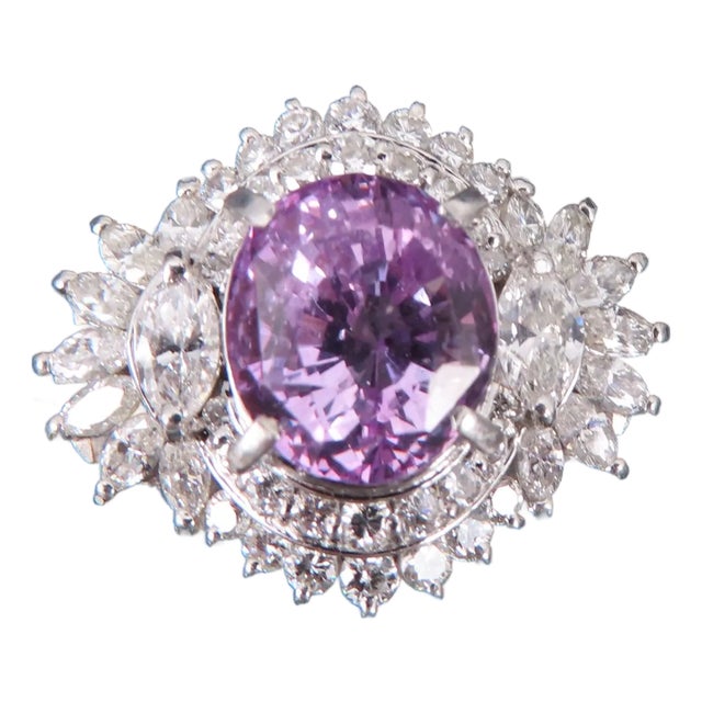 Late 20th Century 5.26ct Purple Sapphire Gia Heated Ceylon 1.43ct Diamond Platinum Ring, Size 7 For Sale