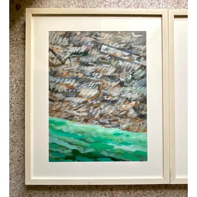 Elevate your space with this Vintage Boho Original Oil on Paper Abstract Painting - a Pair. Featuring a mesmerizing blend...