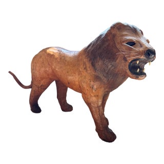 Vintage Large Handcrafted Leather Lion Sculpture, 23” For Sale