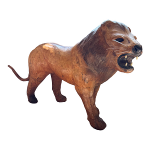 Vintage Large Handcrafted Leather Lion Sculpture, 23”