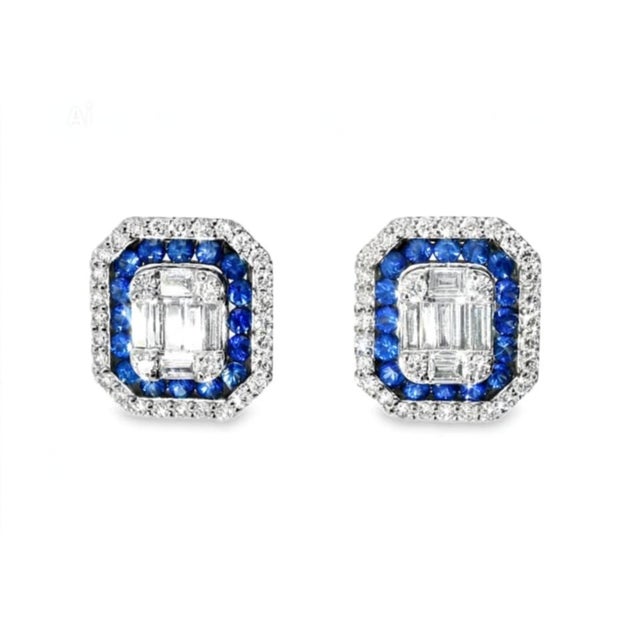 Mid-Century Modern Mid 20th Century Pair of 18k White Gold Sapphire Diamond Stud Earrings Estate Sapphire For Sale - Image 3 of 4