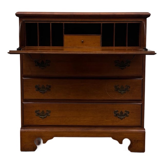 Vintage Colonial Revival Maple Secretary Desk Chest With Drop-Front Writing Surface For Sale