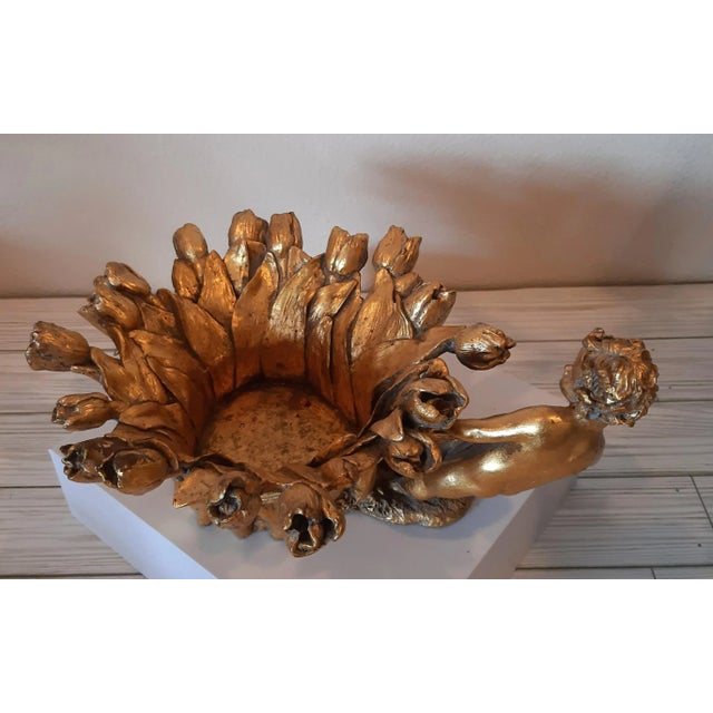 Hollywood Regency Gold Guild Tulip Cherub Bowl Rococo Style For Sale - Image 4 of 8
