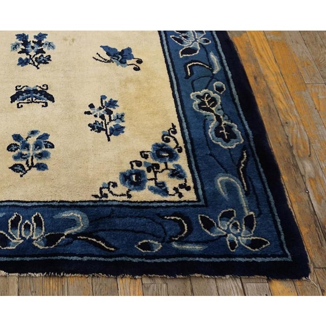 1930s Rectangle Antique Chinese - Peking Knotted Small Scatter Wool Ivory Rug For Sale - Image 4 of 9