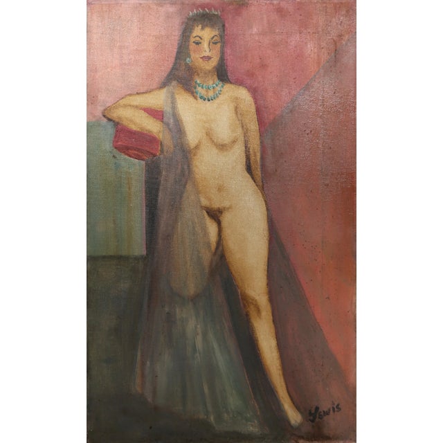 Figurative Standing Nude With Crown, Unknown Artist Oil on Canvas, Signed 'lewis' L.r. For Sale - Image 3 of 3