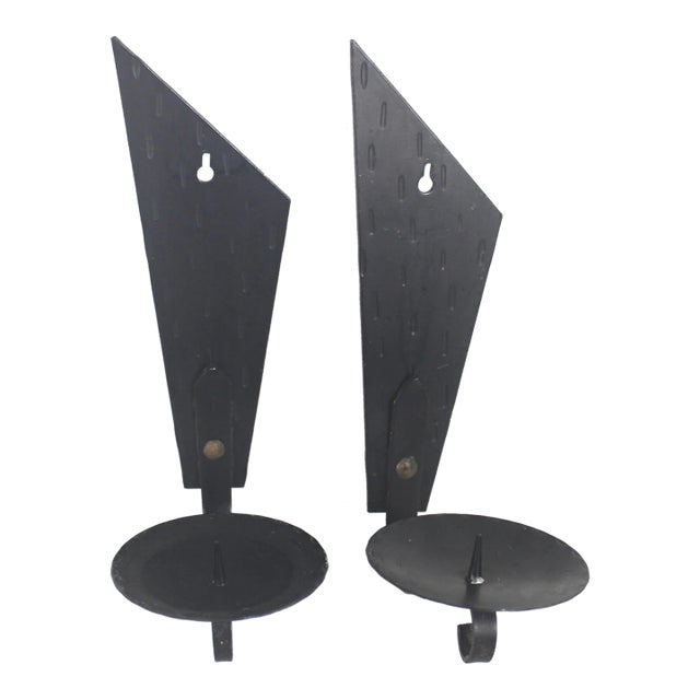 Mid Century Brutalist Hammered Black Candle Holder Wall Sconces Textured Hammered Patina For Sale