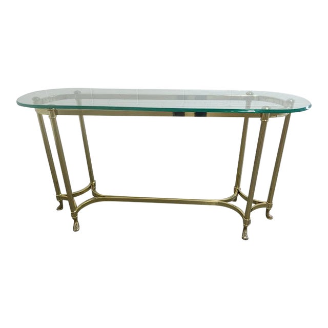 1980s Vintage Labarge Brass Glass Top Oval Hoofed Feet Console Table For Sale