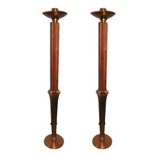 Mid-Century Modern Teak and Brass Standing "Prickets" Candlesticks - a Pair For Sale