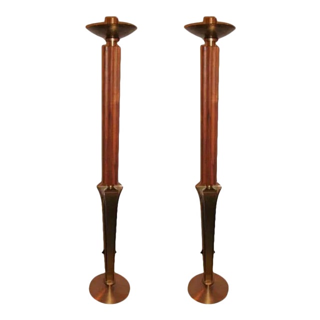 Mid-Century Modern Teak and Brass Standing "Prickets" Candlesticks - a Pair For Sale