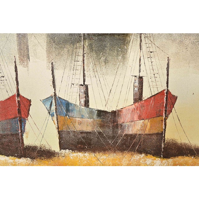 Original Artist Signed ‘Seaside Harbor’ Acrylic Painting in Carved Walnut and Brass Frame For Sale - Image 4 of 12