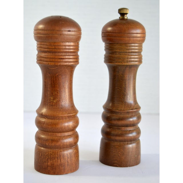 Alessi 1970s Brown Turned Exotic Wood Brass Salt & Pepper Mill Shakers Japan- a Pair For Sale - Image 4 of 12