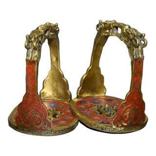 Pair of Antique Cloisonné Enamel Stirrups With Dragon Motif, 1.95kg For Sale