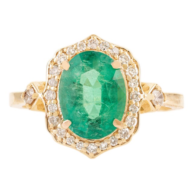 Estate 1.69 Ct Emerald & Diamond Halo 14k Yellow Gold Cocktail Ring Size 6.5 For Sale