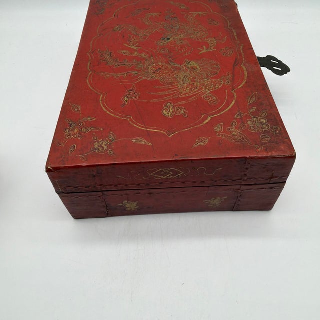 Red Vintage Chinese Gilt Red Lacquer Leather Document Box With Dragon & Phoenix For Sale - Image 8 of 14