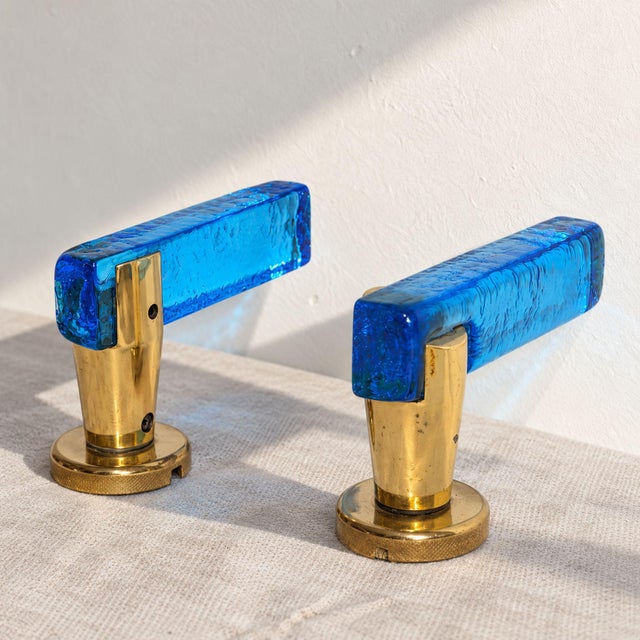 Set of Six 1970s Italian Blue Murano Glass and Brass Door Handles For Sale - Image 4 of 8