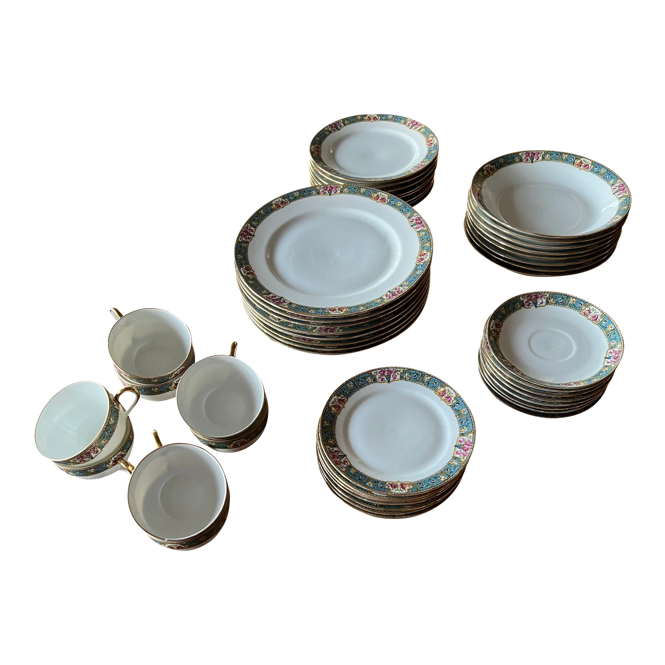 1920s Limoges France Mf Roses, Blue, Gold Rim Dinner Set & Serving
