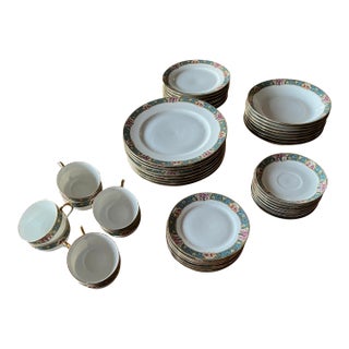 1920s Limoges France Mf Roses, Blue, Gold Rim Dinner Set & Serving Pieces- 53 Pieces For Sale