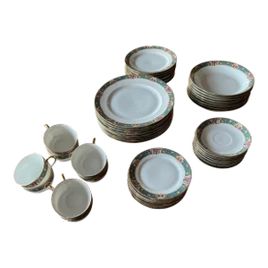 1920s Limoges France Mf Roses, Blue, Gold Rim Dinner Set & Serving Pieces- 53 Pieces