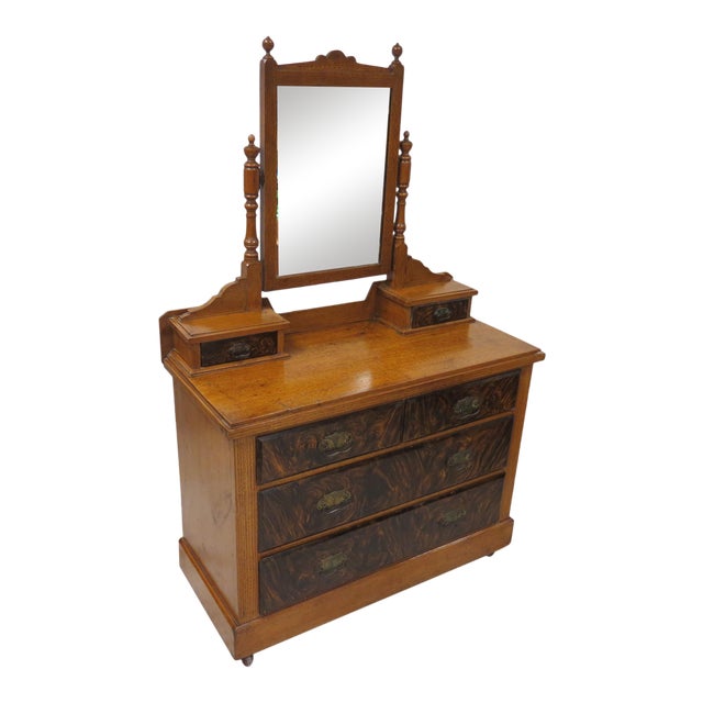 English Victorian Oak and Mahogany 4 Drawer Dresser With Tilting Mirror