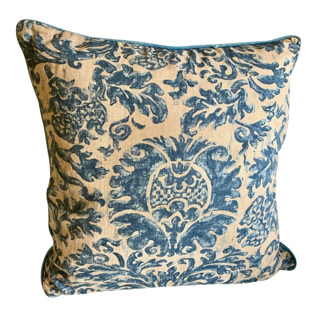 Vintage Lauren Ralph Lauren Decorative Pillow Landing Damask Blue Scroll Design 18” X 18” For Sale