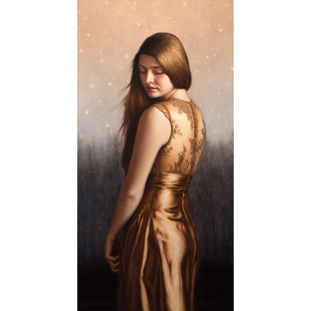 Twilight by Beth Sistrunk | Oil on panel Portrait of a woman in a golden dress with a serene expression. For Sale In Denver - Image 6 of 10