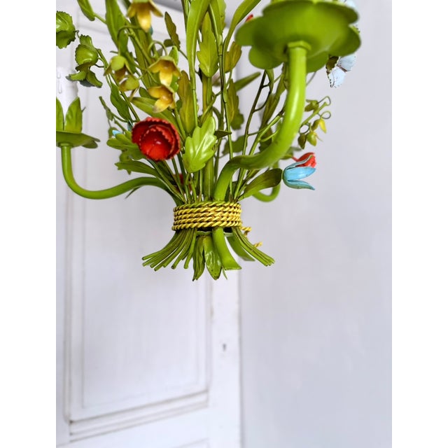 Mid-Century Floral Bouquet 3-Light Chandelier in Green Painted Tole Metal, 1960s For Sale - Image 12 of 16
