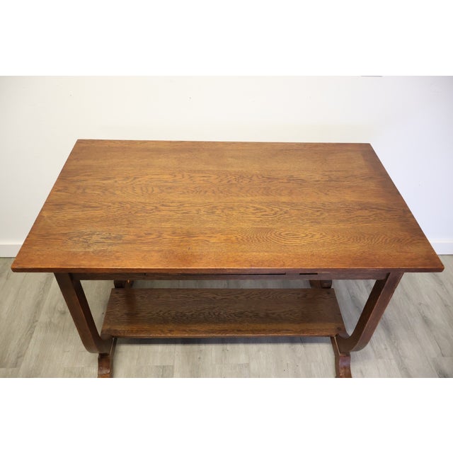 Antique Arts & Crafts Oak Library Table With Lyre-Form Supports & Bookshelf, C 1910–1920 For Sale In Raleigh - Image 6 of 9