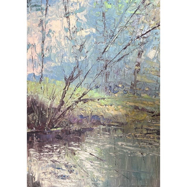 Original oil on canvas depicting a sunlit woodland stream. Executed with expressive palette-knife and brushwork, the...