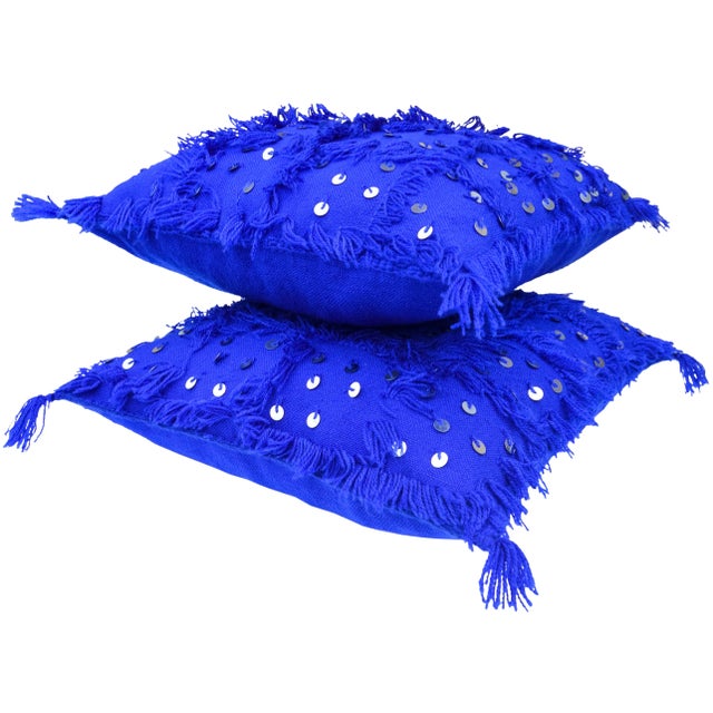 Late 20th Century Vintage Moroccan Blue Fringed & Sequined Windowpane Pillows - Set of 2 For Sale - Image 5 of 11