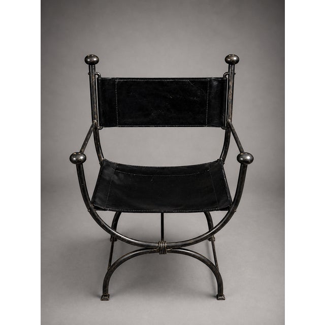 Art Deco Iron & Leather Curule Armchairs — Set of Four, Sold in Pairs or as a Complete Set For Sale - Image 3 of 9