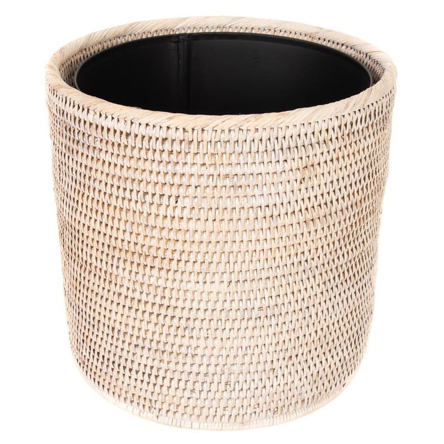 Wood Artifacts Rattan Round Waste Basket with Metal Liner in White Wash - 11" For Sale - Image 7 of 7