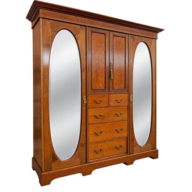 Antique English Edwardian Inlaid Mahogany Triple With Oval Mirrors Armoire For Sale In Miami - Image 6 of 7