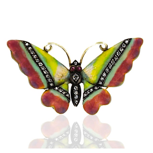 18k Diamond, Ruby & Enamel Butterfly Brooch 13.06 grams