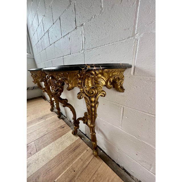 Pair Italian Rococo Revival Giltwood Wall Consoles With Black Marble Tops For Sale In New York - Image 6 of 10