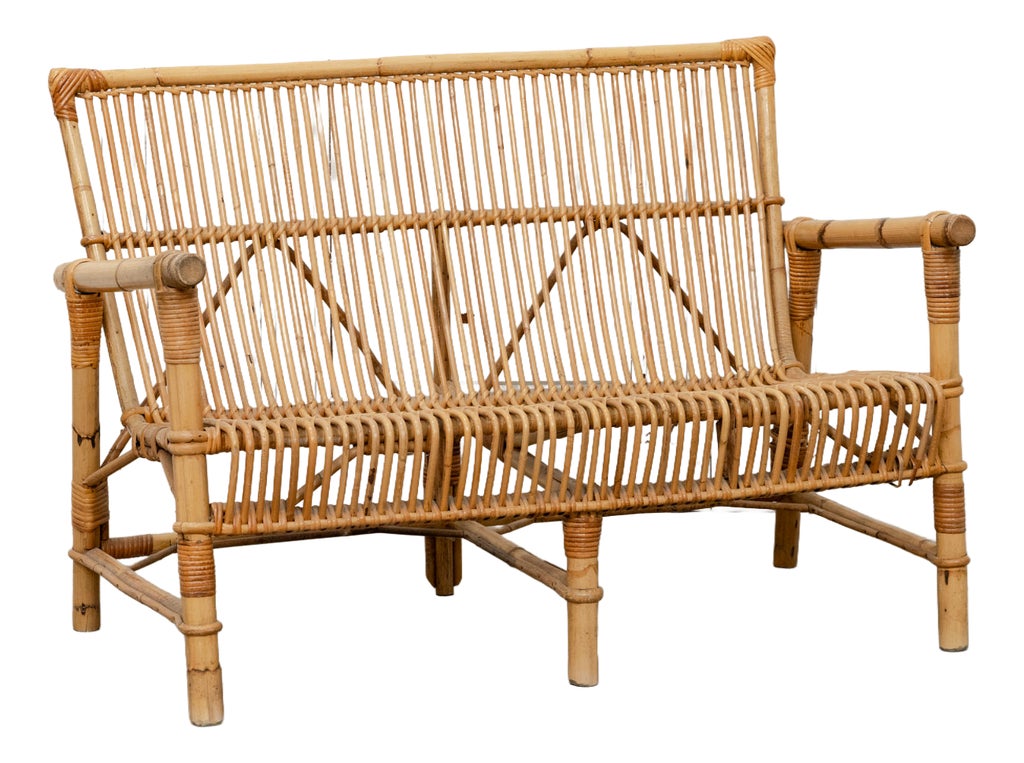 Vintage Bamboo and Rattan Bench, 1970s