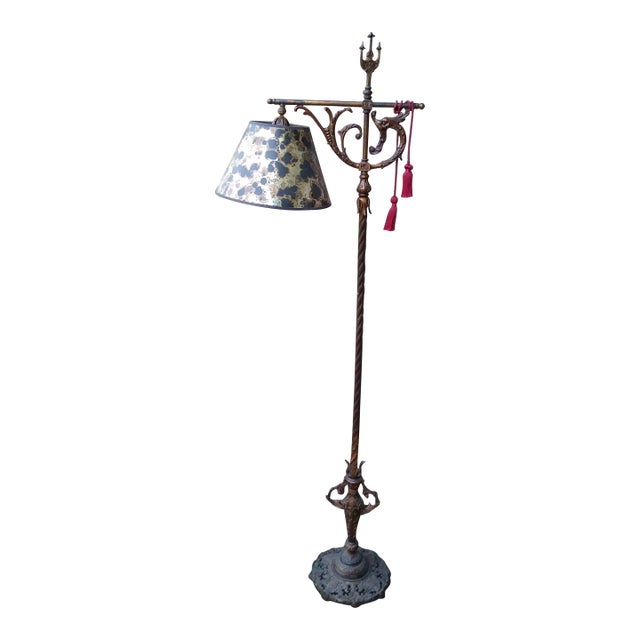 1980s Mid Century Modern Gothic Iron Bridge Arm and Urn Floor Lamp For Sale