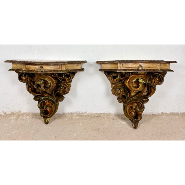 Rococo Pair of Italian Polychromed Wall Pedestals With Marble Tops, Mid-20th Century For Sale - Image 3 of 14