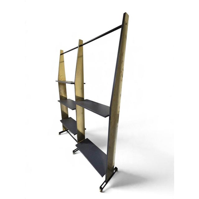 Wood Mid-Century Modern Italian Wooden Bookcase with Polished Brass Sides, 1970s For Sale - Image 7 of 11