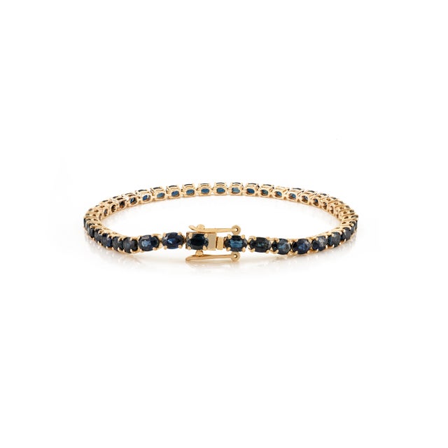 Not Yet Made - Made To Order 9.38 Carat Natural Blue Sapphire Tennis Bracelet in 14k Yellow Gold Prong-Set For Sale - Image 5 of 13
