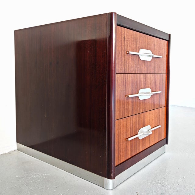 Wood Vintage Walnut Bedside Tables with Metal Inserts, Italy, 1970s, Set of 2 For Sale - Image 7 of 18