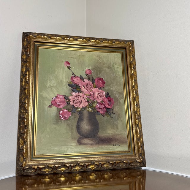 Mid-Century Modern Vintage Oil Still Life Pink Roses Painting Framed Signed "Am For Sale - Image 3 of 7